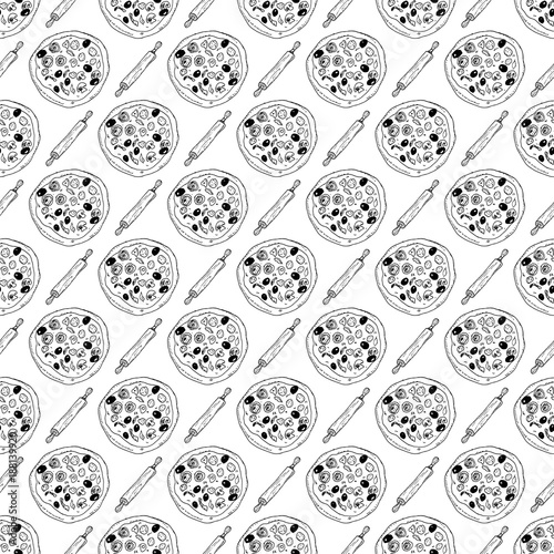 Pizza seamless pattern hand drawn sketch. Pizza doodles and rolling pin  Food background. Vector illustration
