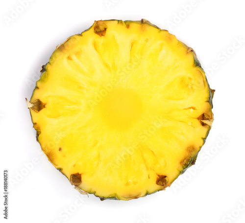 one pineapple slices isolated on white background. Top view. Flat lay