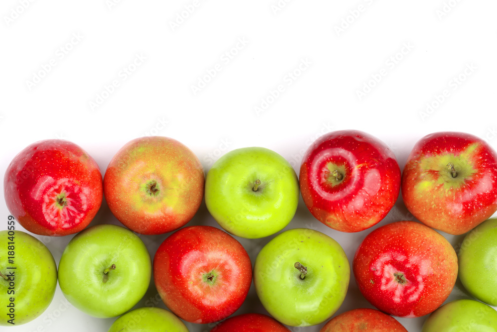 red and green apples isolated on white background with copy space for your text, top view. Flat lay pattern red and green apples isolated on white background with copy space for your text, top view. Flat lay pattern
