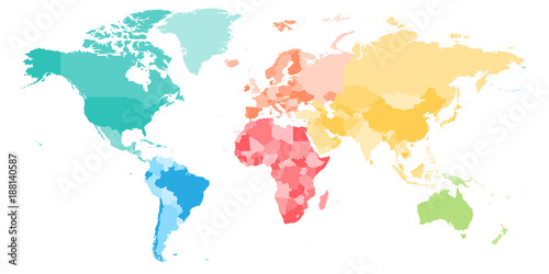 Colorful political map of World divided into six continents. Blank vector map in rainbow spectrum colors.