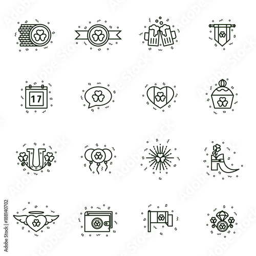 Saint Patrick's Day and Ireland related line icons. Set of outline irish signs: coin, shamrock, calendar, heart, horseshoe, balloons, flag, cupcake, calendar, banner, ale mugs, leprechaun shoes.