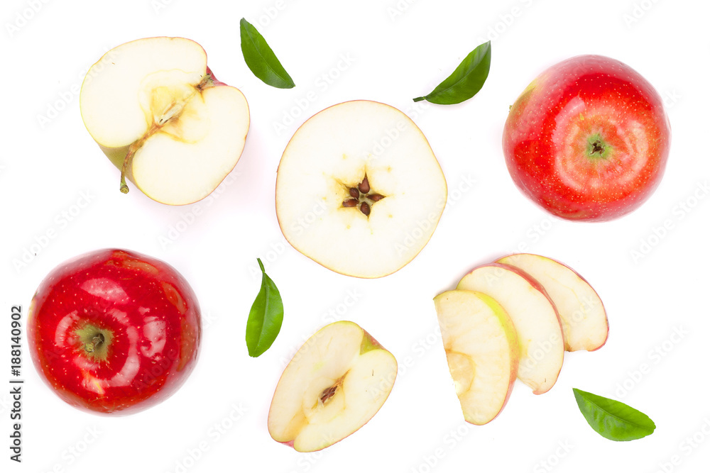 red apples with slices and leaves isolated on white background top view. Set or collection. Flat lay pattern red apples with slices and leaves isolated on white background top view. Set or collection. Flat lay pattern