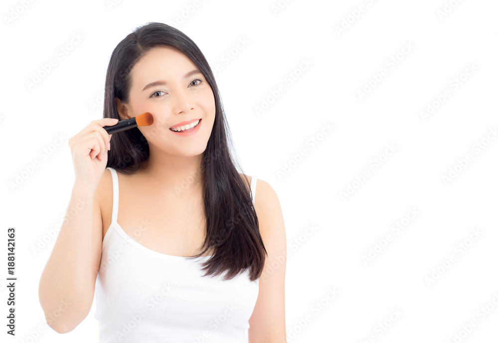 Beauty asian woman applying make up with brush of cheek isolated on white background, beautiful of girl holding blusher, skincare and cosmetic concept. Beauty asian woman applying make up with brush of cheek isolated on white background, beautiful of girl holding blusher, skincare and cosmetic concept.