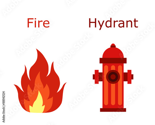 Red hydrant and fire flame. Flat illustration.