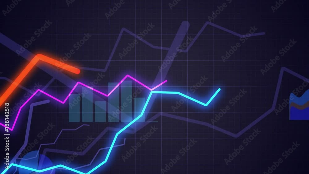 Statistics concept. Camera moves above growing financial charts and diagrams. Looping animation.