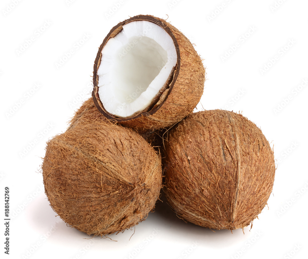 three whole coconut and half isolated on white background