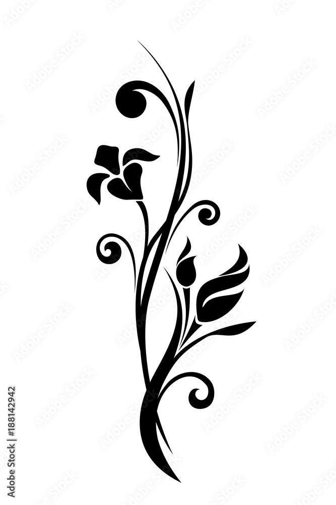 Floral ornament isolated on a white background. Vector black and white illustration.