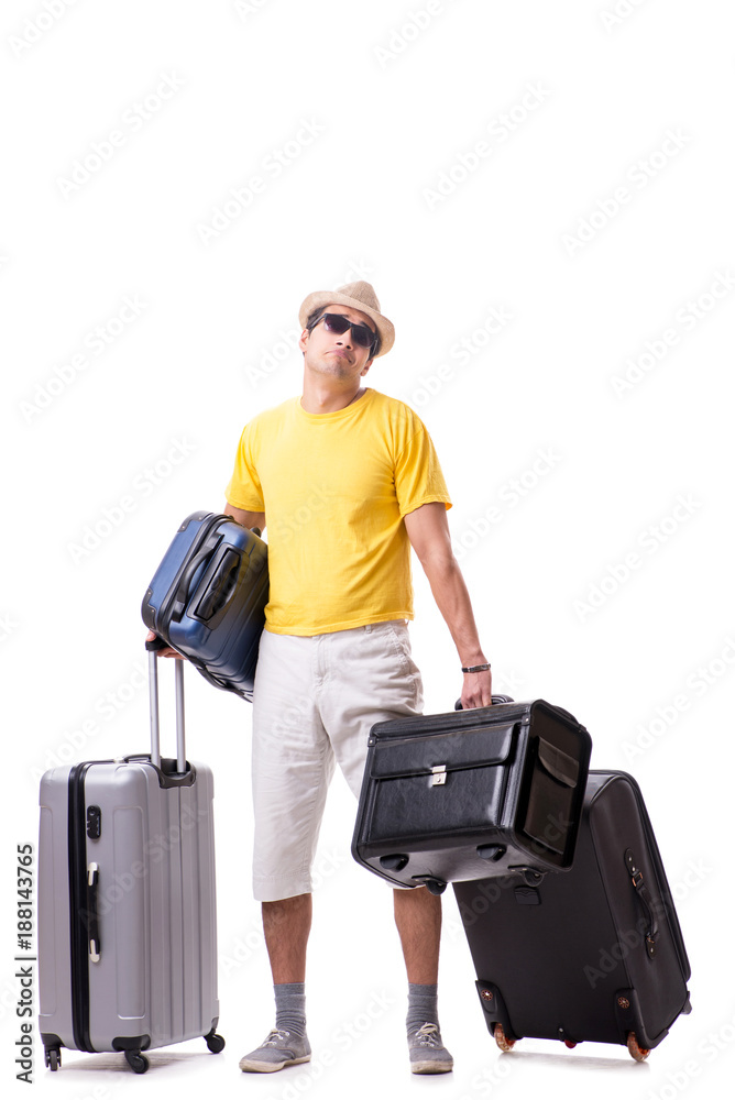 Happy young man going on summer vacation isolated on white Happy young man going on summer vacation isolated on white