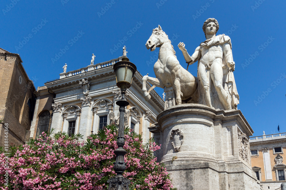 Statue and Flowers in front of Capitoline Museums in city of Rome, Italy