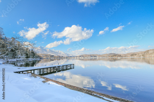 Beautiful fresh snow in winter around the mountains Lake with blue sky background, Nagano Prefecture, Japan.