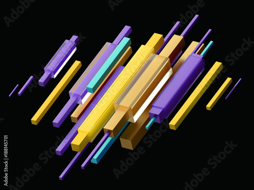 3d render, digital illustration, colorful cubic planks, isolated geometric shapes, black background