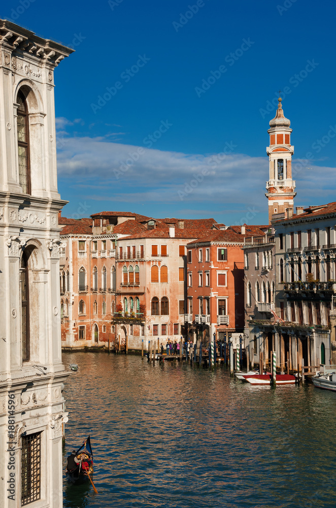 Venice Gran Canal view with gondola from Rialto Bridge