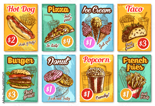 Fast food restaurant menu vector sketch posters