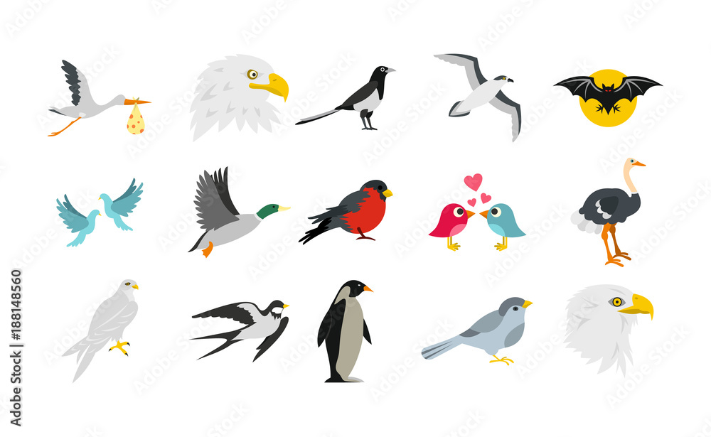 Fototapeta premium Birds icon set, flat style