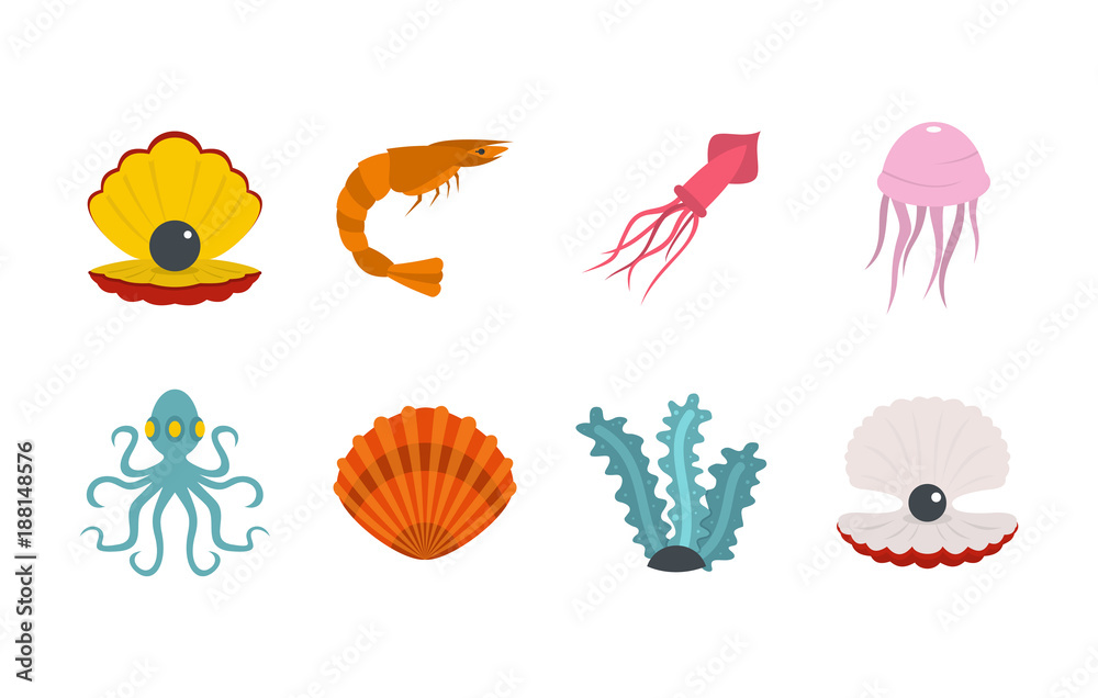 Sea creature icon set, flat style