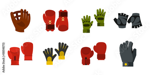 Sport gloves icon set, flat style