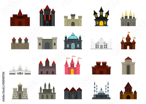 Castle icon set, flat style