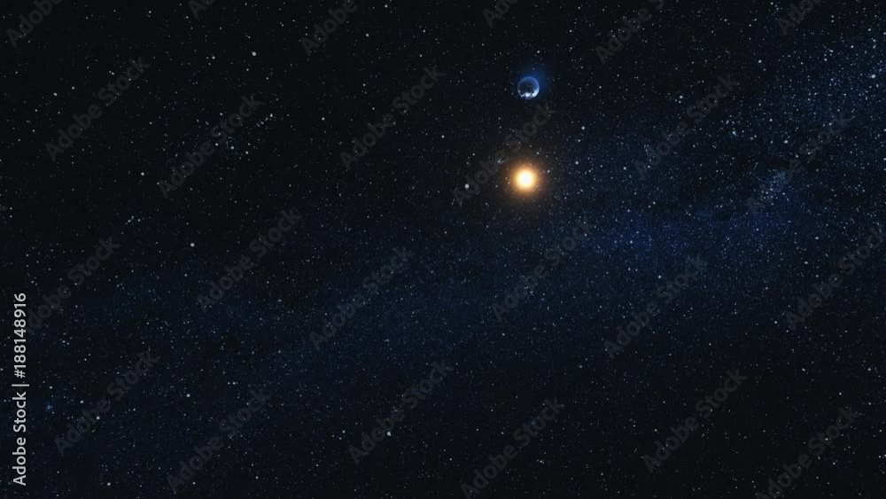 Space view on Planet Earth and Sun Star approach and rotating in black Universe. Seamless loop with day and night city lights. High detailed 4k, 3D Render animation. Element of image furnished by NASA