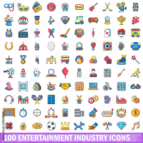 100 entertaiment industry icons set, cartoon style 