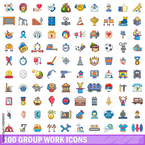 100 group work icons set  cartoon style 