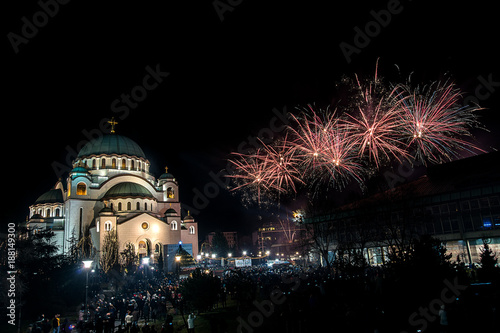 Belgrade, Serbia,Europe - January 14, 2018: Orthodox New Year's Eve celebration whit fireworks over the Church of Saint Sava at midnight in Belgrade, Serbia on January 14, 2018 