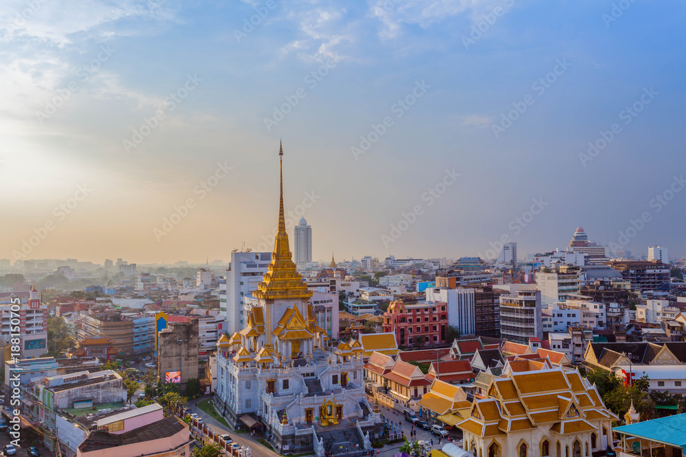 aerial view sunset above Wat Traimit in Bangkok