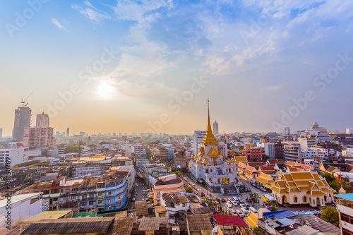 aerial view sunset above Wat Traimit in Bangkok © Narong Niemhom
