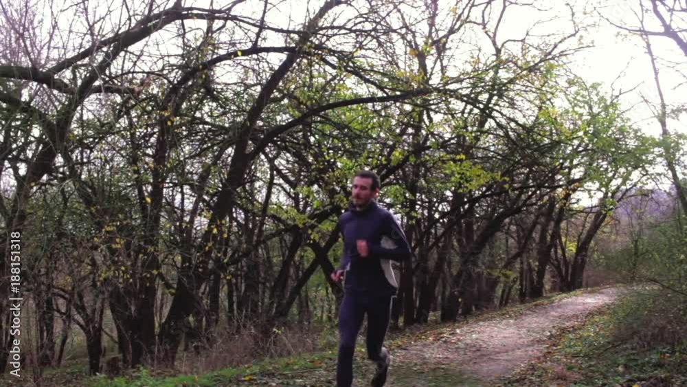Male runner in grey skinny sport suit, training outdoors in autumn park or forest Male runner in grey skinny sport suit, training outdoors in autumn park or forest