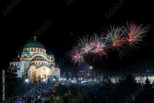 Belgrade, Serbia,Europe - January 14, 2018: Orthodox New Year's Eve celebration whit fireworks over the Church of Saint Sava at midnight in Belgrade, Serbia on January 14, 2018 