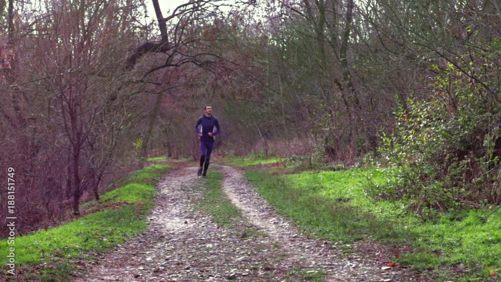Male runner in grey skinny sport suit, training outdoors in autumn park or forest Male runner in grey skinny sport suit, training outdoors in autumn park or forest