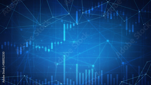 Cryptocurrency stock chart on futuristic hud background with blockchain polygon peer to peer network. Global cryptocurrency business banner concept.