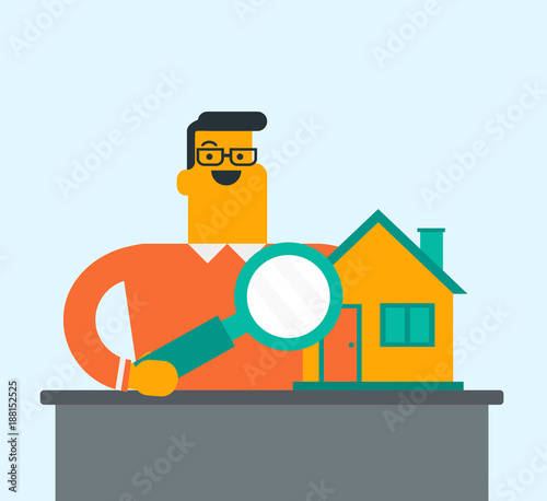 Young caucasian white smiling man looking for a new house in real estate market. Cheerful man using a magnifying glass to look closer at the house model. Vector cartoon illustration. Square layout.