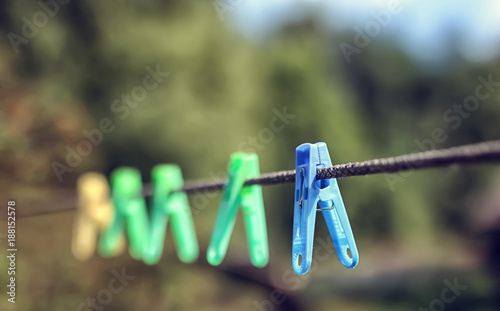 colored clothespin on the rope outdoor