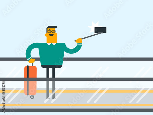 Young caucasian white smiling businessman with a suitcase standing on escalator at the airport and taking selfie photo with a selfie-stick and smartphone. Vector cartoon illustration.