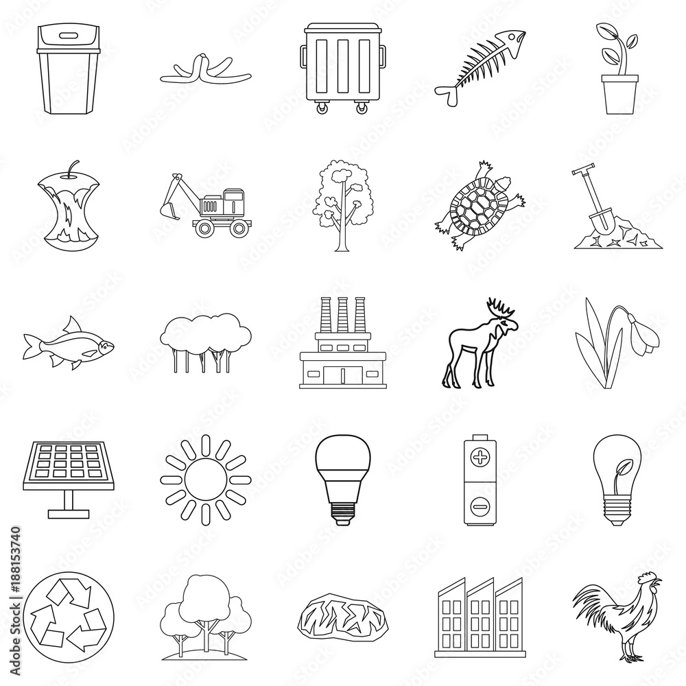 Destruction of nature icons set, outline style Destruction of nature icons set, outline style