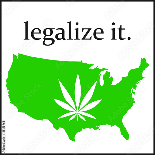 Legalize it, marijuana leaf superimposed over the green silhouette of the USA federal legalization of marijuana concept.