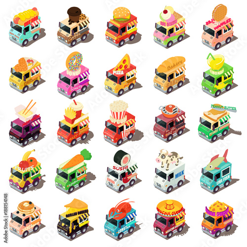 Food truck icons set, isometric style