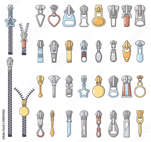 Metal zipper puller icons set, cartoon style