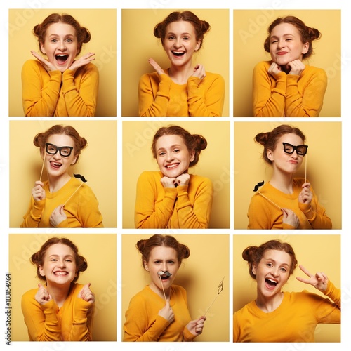 collage of young woman different facial expressions