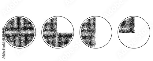 Set of pie graphic charts filled with grid of dirty dots. Black and white. Abstract vector element.