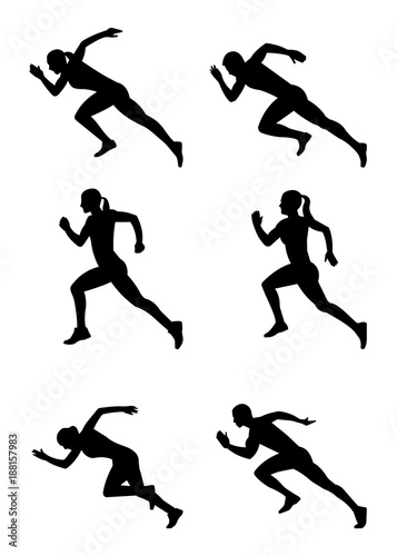 Silhouettes of sprinters set on white background