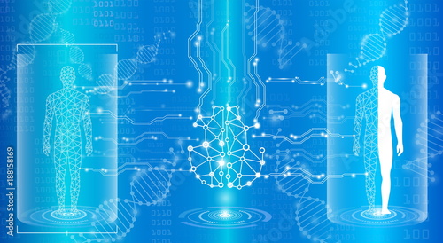 abstract background technology concept in blue light,brain and human body heal ,technology modern medical science in future and global international medical with tests analysis clone DNA human