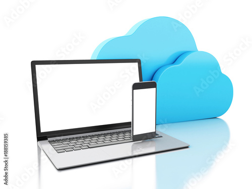3d laptop and smartphone. Cloud computing concept