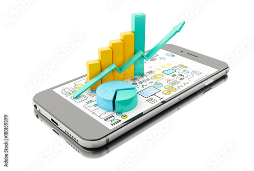 Wallpaper Mural 3d Bar graph and pie chart on Smartphone. Business concept. Torontodigital.ca