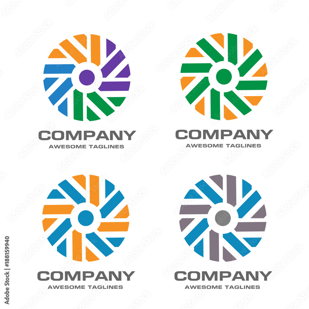 Obraz premium windmill vector logo design template, wave icon, abstract strips color circle spiral sign, twist symbol, vector illustration