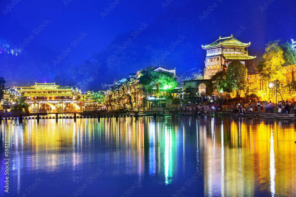 Fenghuang Ancient Town at night. Located in Fenghuang County. Southwest of HuNan, China.