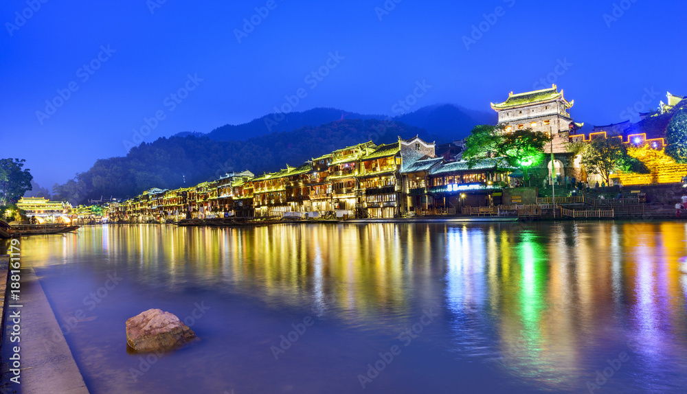 Fenghuang Ancient Town at night. Located in Fenghuang County. Southwest of HuNan, China.