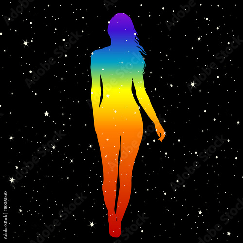 Silhouette of woman in rainbow colors showing position of human chakras