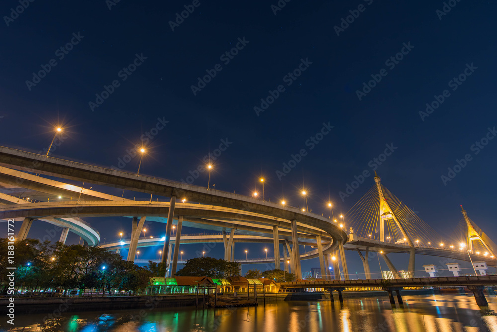 Bhumibol Bridge (Industrial Ring Road Bridge) in Bangkok ,Thailand with twilight background