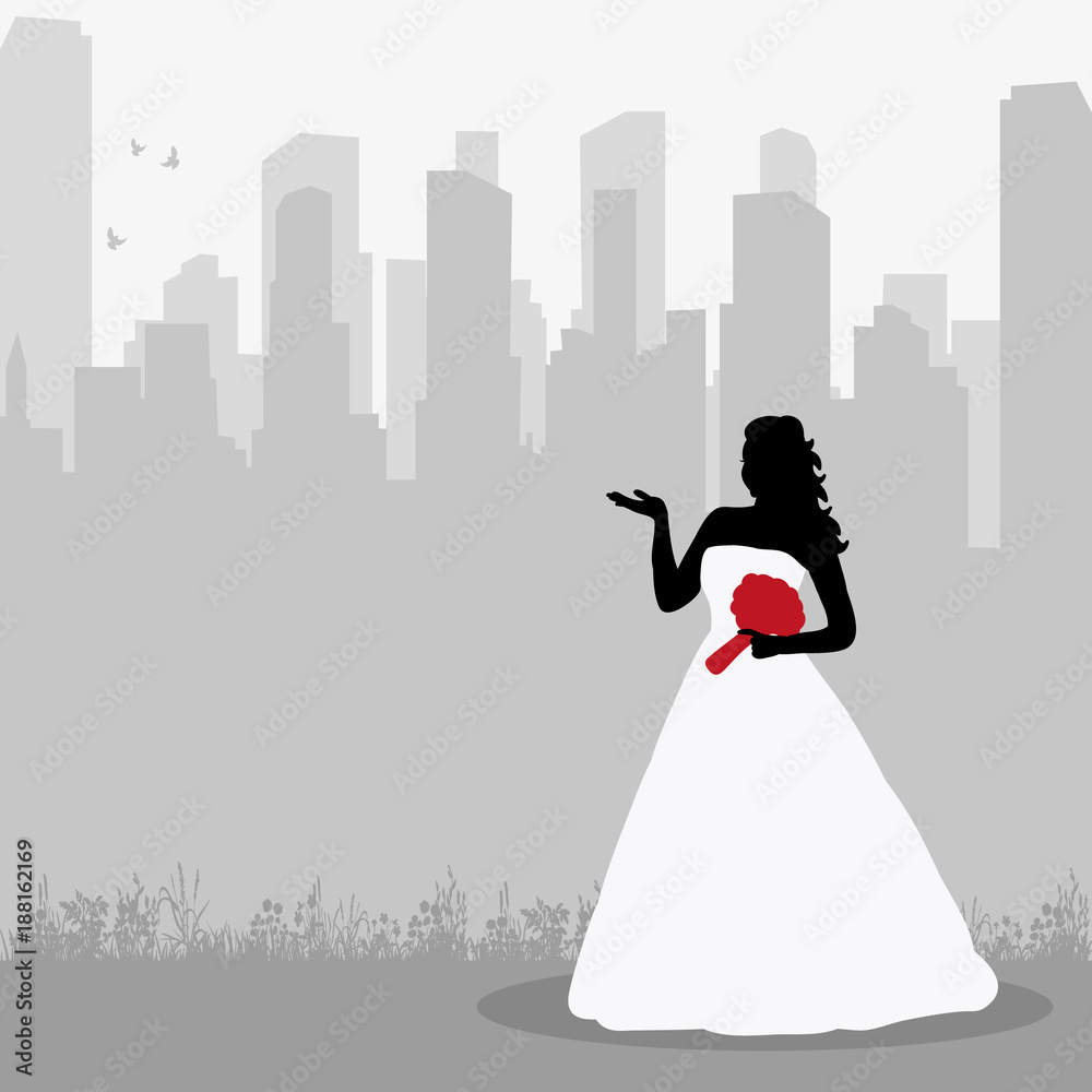 Obraz premium silhouette of the bride on the city background